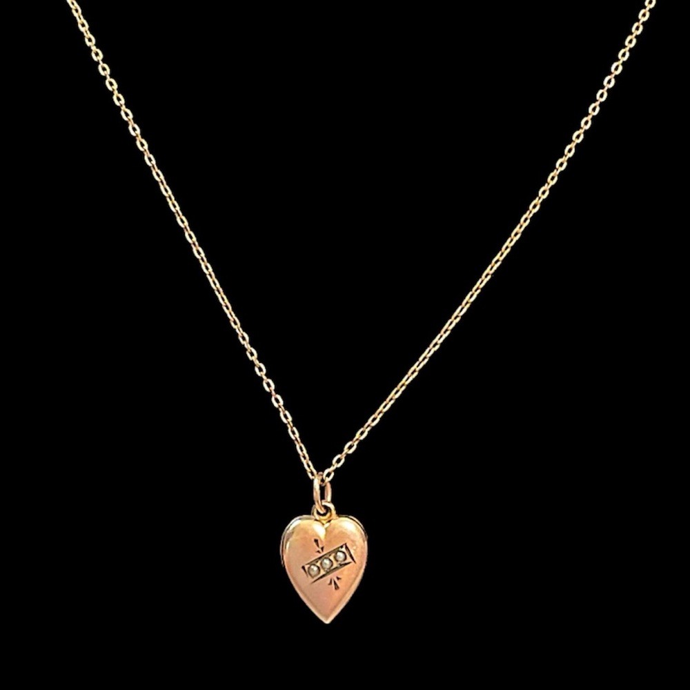 Antique Small Etched Heart Seed Pearl Pendant Necklace